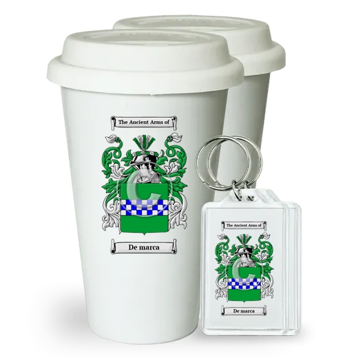 De marca Pair of Ceramic Tumblers with Lids and Keychains